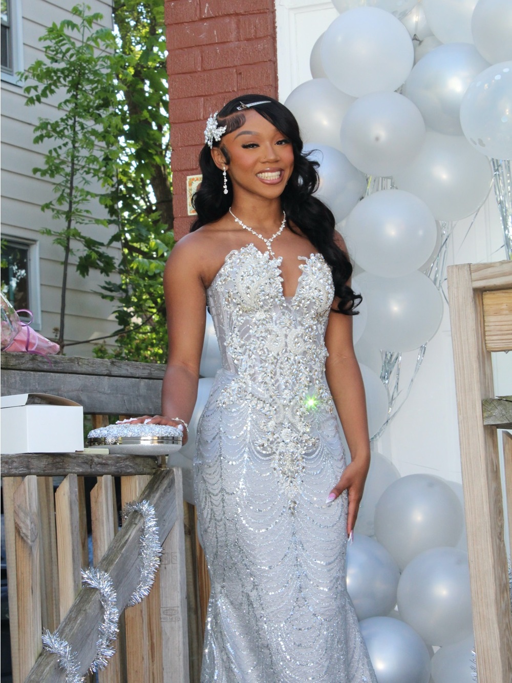 Silver Embellished Strapless Evening Gown
